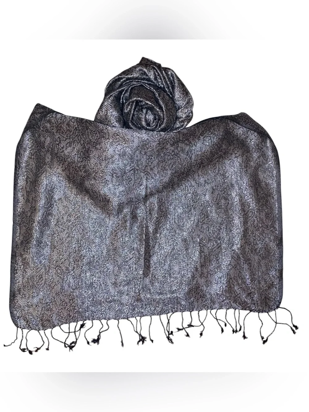 FASHION SCARF Pashmina Silk Like Jacquard Paisley Metallic Silver/Blk  70”x 21”